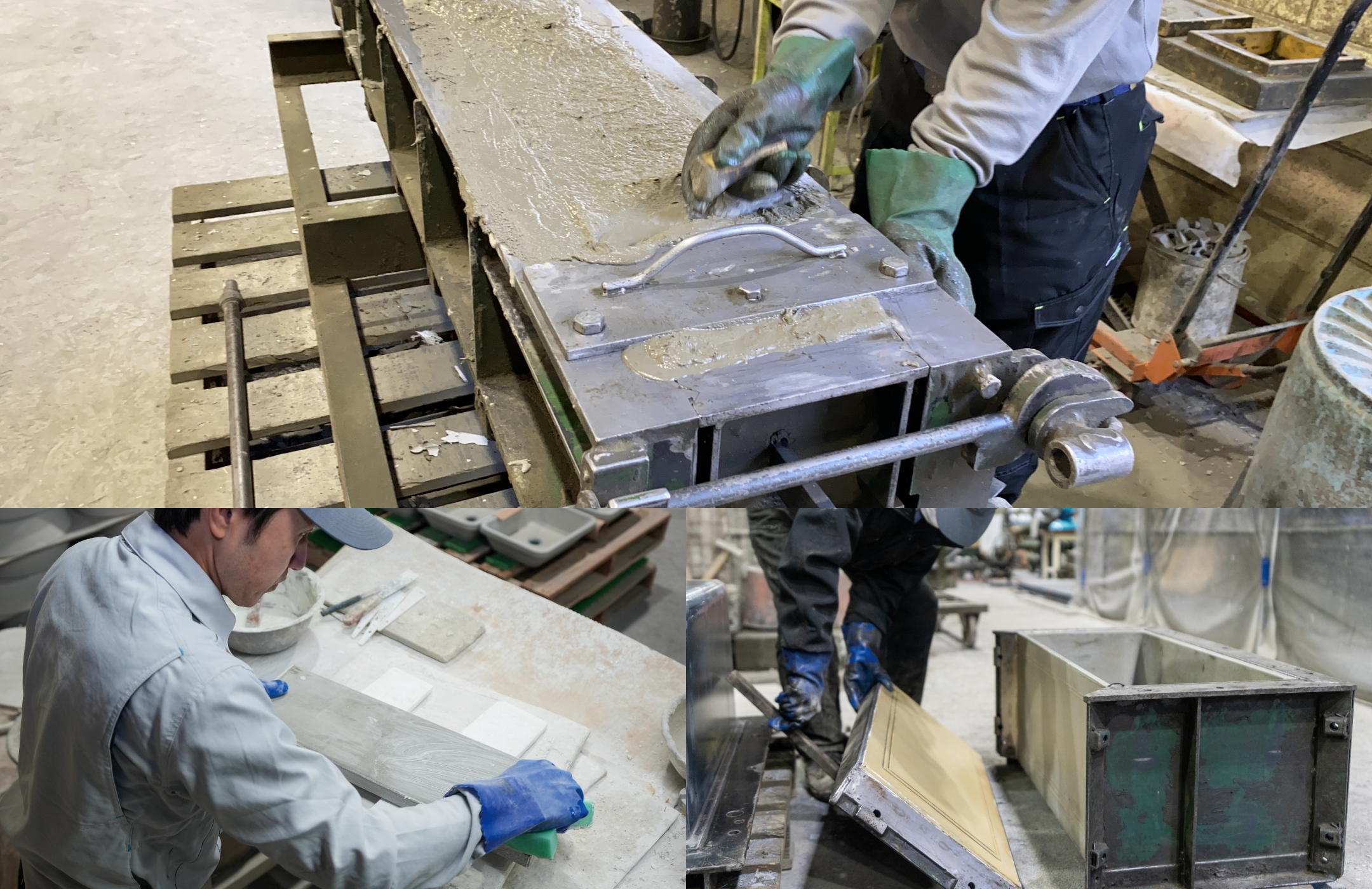 製造工程、型枠から製品を脱型し製品を整える